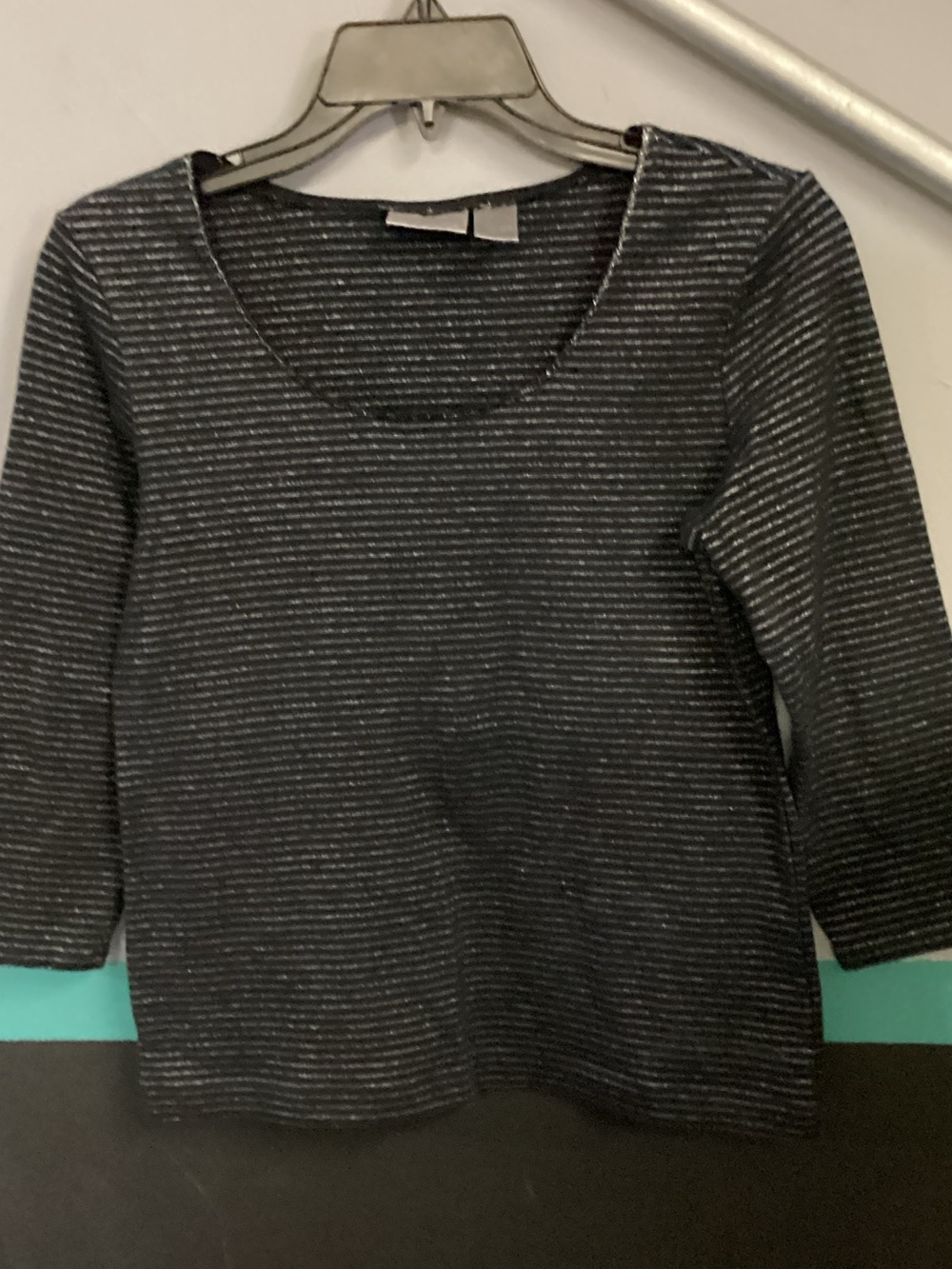 Chico's Black Top with Silver Threaded Stripes